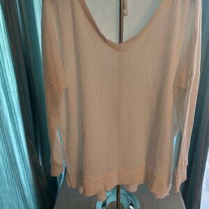 Zenana Outfitters White Waffle Knit Pullover Top Women Large Long Sleeve V-Neck